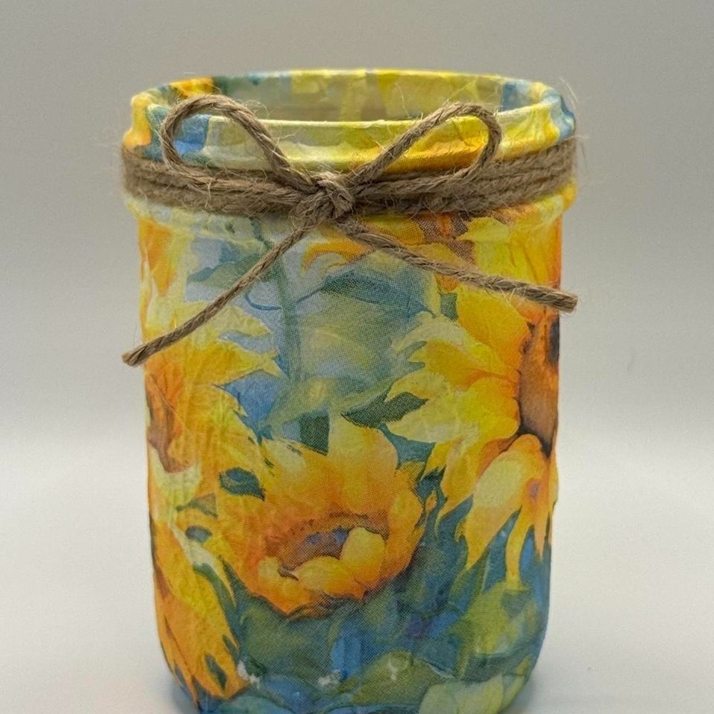 Sunflower Decoupage Mason Jar - Handmade Rustic Farmhouse Decor Accent